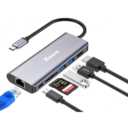 Xwave Adapter 6in1 Tip-C na HDMI USB3 SD,RJ-45 port replikator,blister